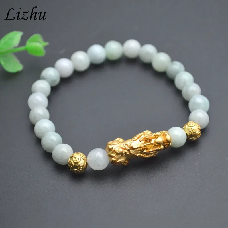 Natural Burmese Jade 18k Gold Color Pixiu Charms Bracelet Feng Shui Chinese Luck Jewelry 8mm Beads