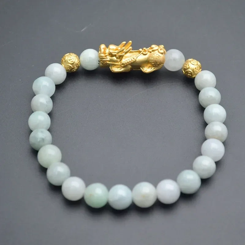 Natural Burmese Jade 18k Gold Color Pixiu Charms Bracelet Feng Shui Chinese Luck Jewelry 8mm Beads