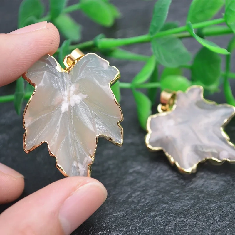 Natural Rose Quartz Maple Shape Leaf Pendant Gold Frame Gemstone Fashion Jewelry Supplies DIY Necklace 5pcs/lot