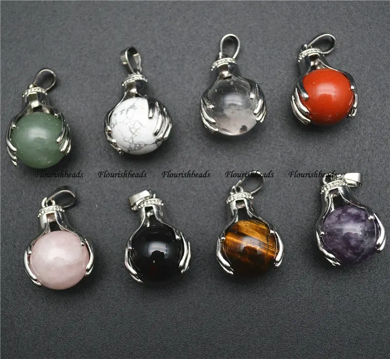 1pc Natural Gemtone Hands Hold Round Ball Pendant Fit Necklace Jewelry Making (Amethyst / Tiger Eye / Quartz /Crystal)