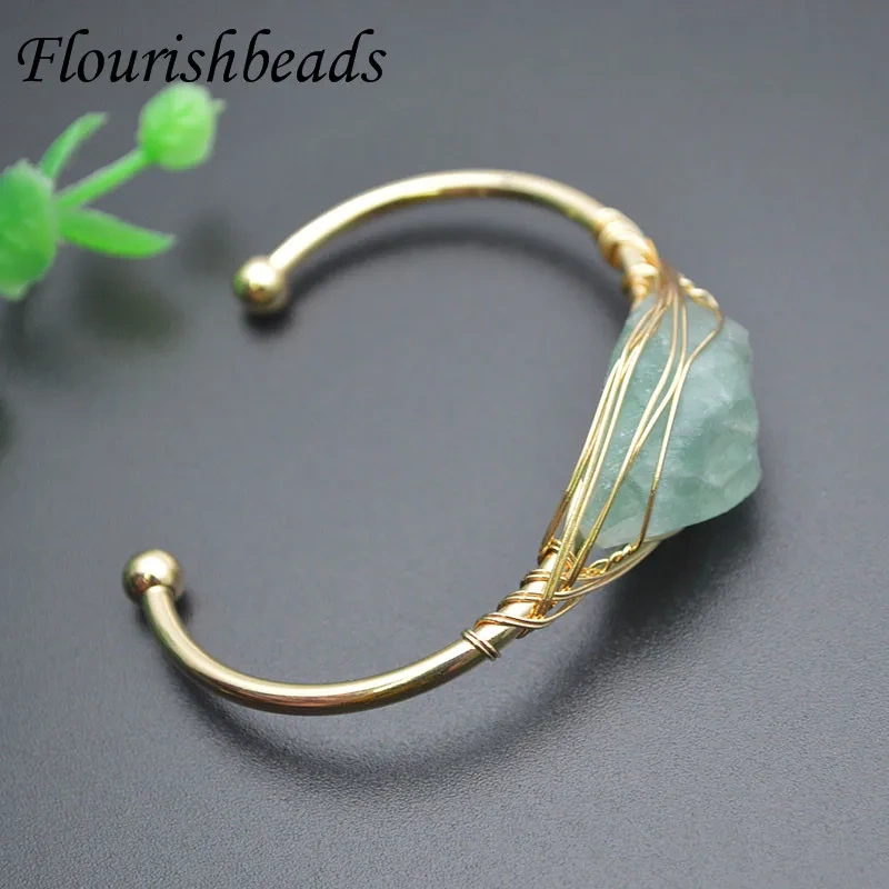 Natural Stone Green Flourite Cuff Bracelets Gold Color Wore Wrap Raw Crystal Quartz Bangle Women Fashion Jewelry Gift