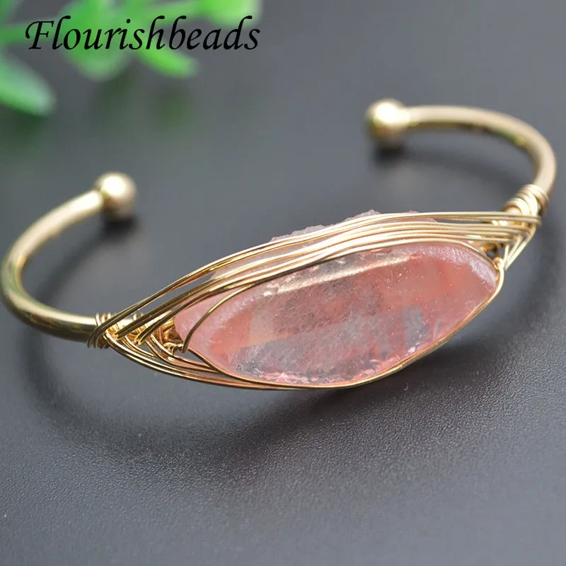 Natural Stone Raw Irregular Smoking Quartz Crystal Open Cuff Bangle for Women Men Gold Color Wire Wrap Bracelet Jewelry