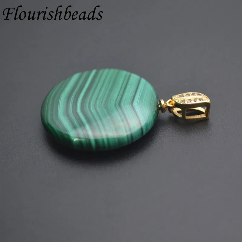 Natural Malachite Round Flat Pendant with Paved CZ Clip Clasp for Women DIY Necklace Jewelry Making