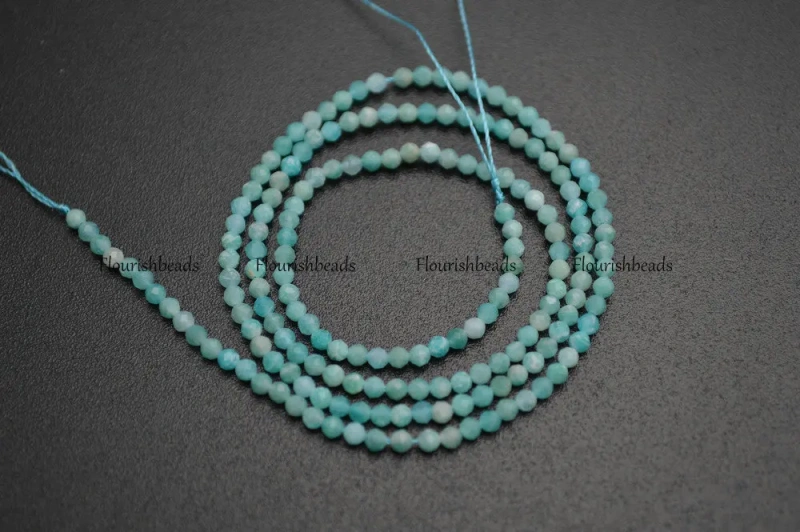 2mm Faceted Diamond Cutting Sky Blue Color Natural Amazonite Stone Round Loose Beads