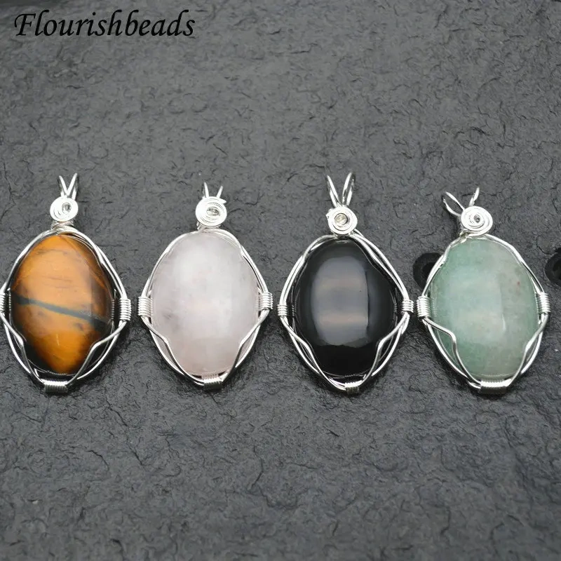 Handmade Winding Wire Natural Gemstone Oval Egg Shape Pendant Fit Necklace Jewelry DIY Stuff Tiger Eye / Pink Quartz / Agate