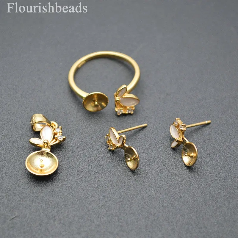 Gold Color Jewelry Set CZ 925 Silver Blank Flower Pendant Earrings Base Adjustable Ring Setting For Jewelry Making Supplies