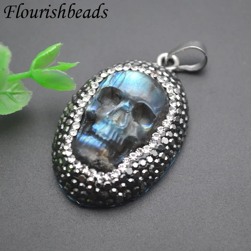 Natural Fluorite Carved Skull Head Paved Crystal Pendant Personalized Creative Jewelry Gift