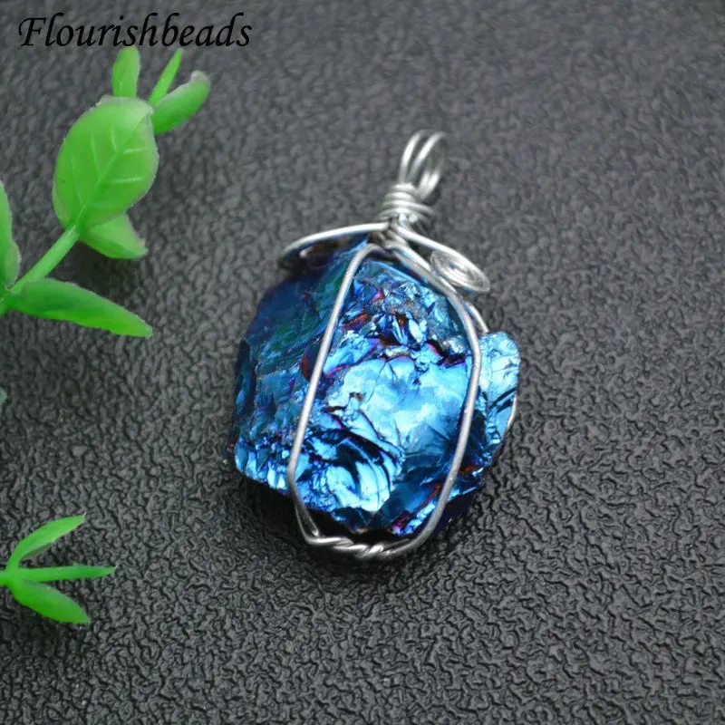 Wire Wrap Crystal Pendant Electroplating Stone Nugget for DIY Necklace Punk Jewelry Making Supplies Blue / Gold / Orange / White