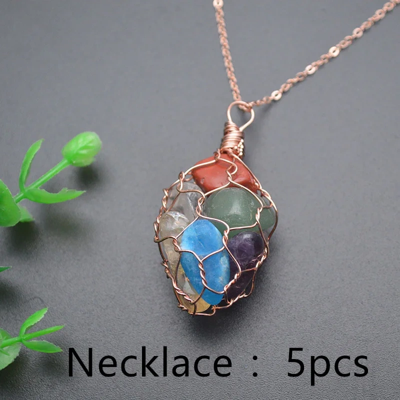 5pcs/lot  Natural Stone Crystal Amethyst Fluorite Polished Stone Nugget Rose Gold Wire Chakra Necklace Jewelry Choker Gifts