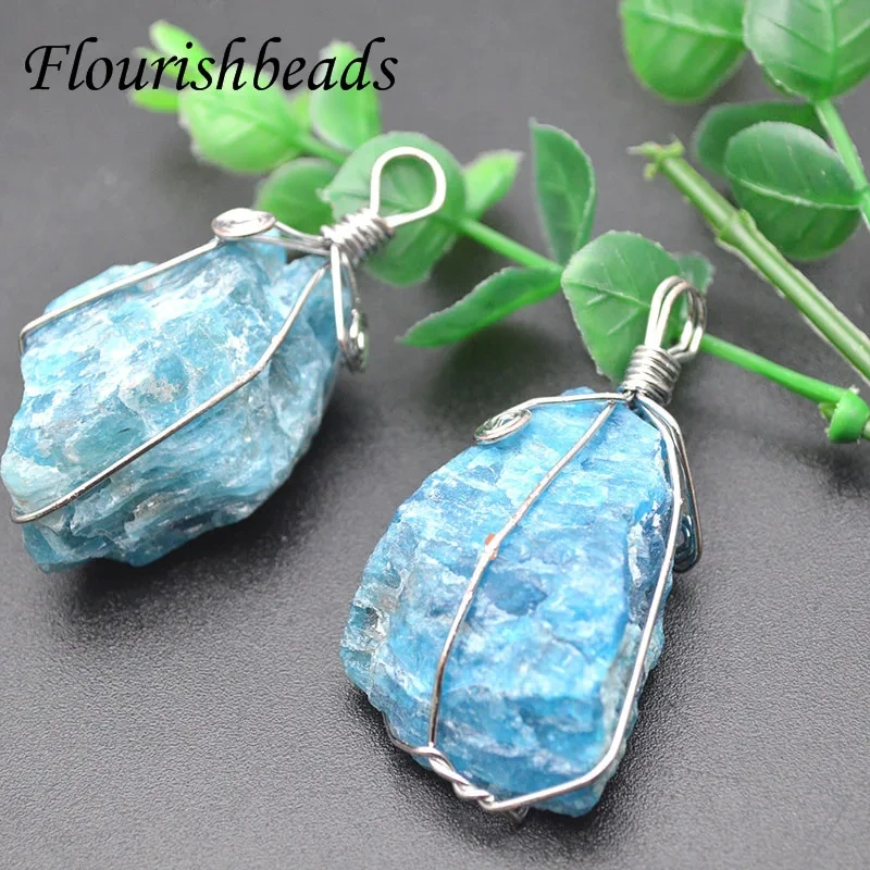 5pc Wire Wrapped Natural Irregular Blue Apatite Rough Raw Stone Nugget Pendant Gemstone DIY Necklace for Jewelry Making Supplies