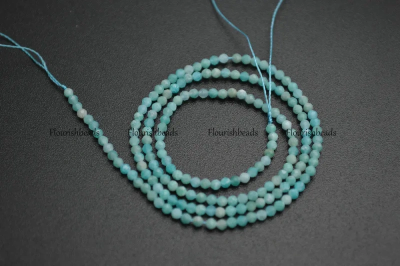 2mm Faceted Diamond Cutting Sky Blue Color Natural Amazonite Stone Round Loose Beads