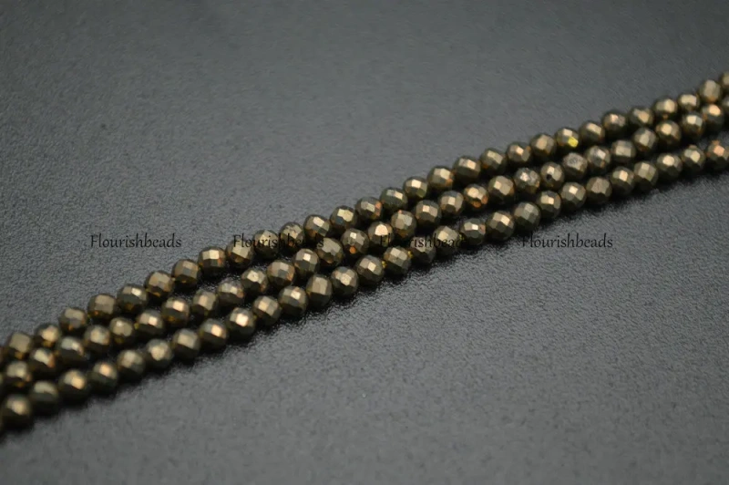 3mm Diamond Cutting Faceted Natural Pyrite Small Size Stone Round Loose Beads