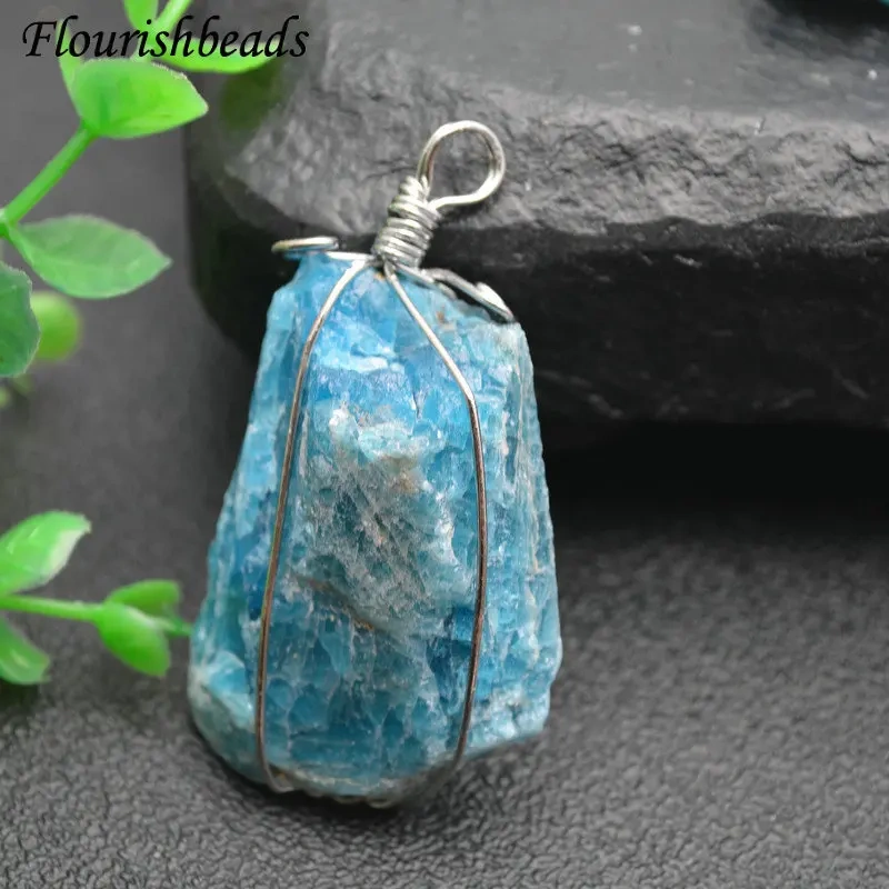 Wire Wrapped Natural Blue Apatite Rough Raw Stone Nugget Pendant Gemstone DIY Necklace for Woman Man Jewelry Making Supplies