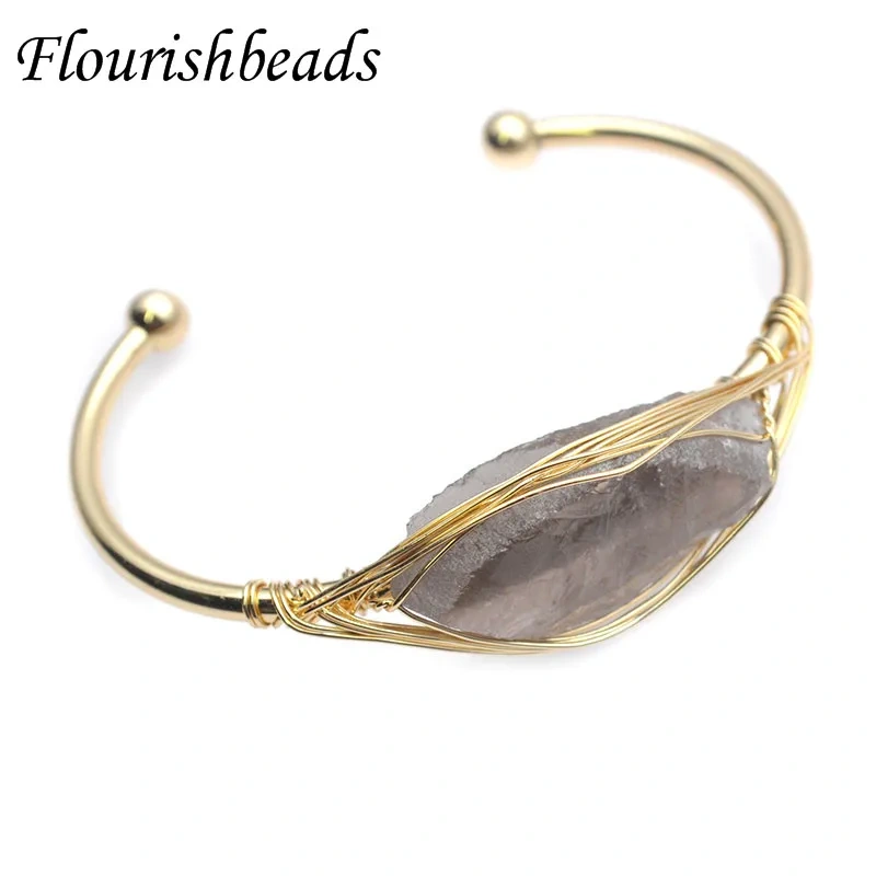 Natural Stone Raw Irregular Smoking Quartz Crystal Open Cuff Bangle for Women Men Gold Color Wire Wrap Bracelet Jewelry