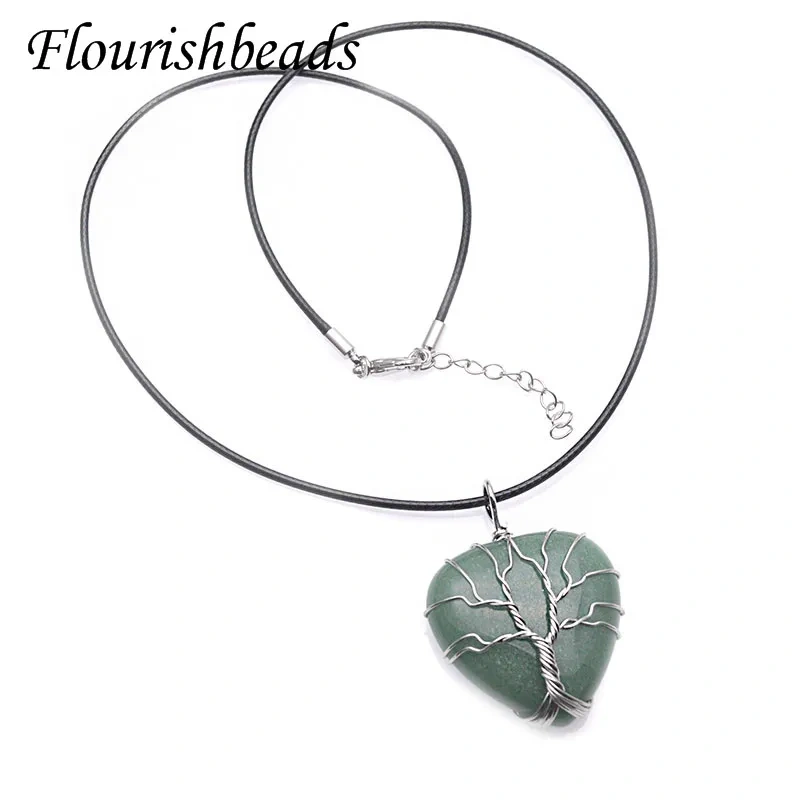 Natural Stone Crystal Aventurine Amethyst Rose Quartz Heart Shape Tree Life Winding Pendant Necklaces Jewelry Energy Yoga Gift