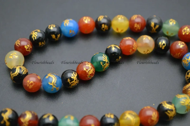 8mm Carved Chinese Dragon Veins Multi Color Natural Agate Stone Round Loose Beads