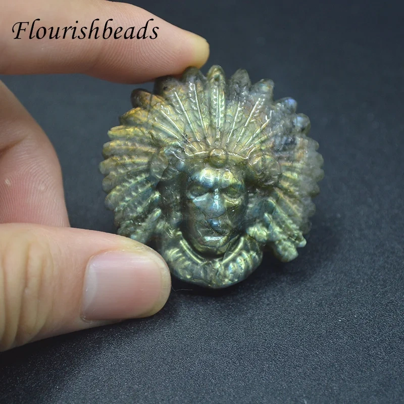Crystal Indian Head Pendant Natural Labradorite Human Head Carving Gem DIY Necklace Jewelry Making Halloween Gift