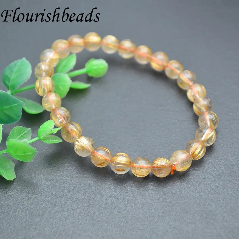 8mm Bead 100% Natural Gold Rutilated Quartz Stretch Bracelet Woman Man Luck Wealthy Beads Fine Jewelry Bangle 7.5 Inch