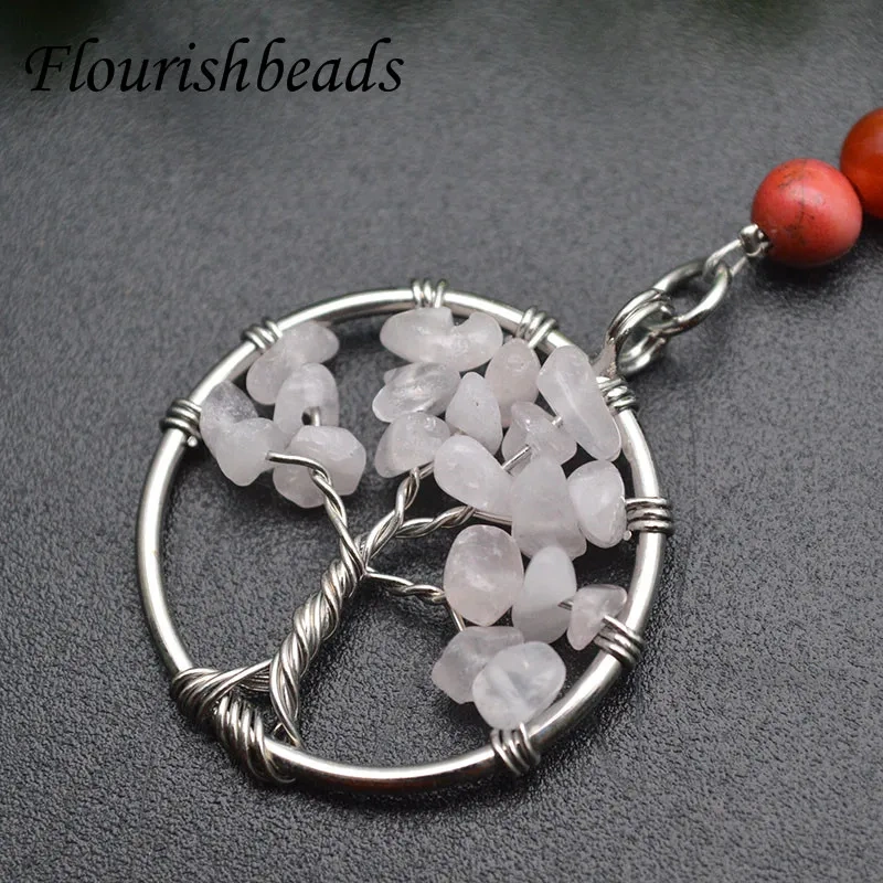 Key Ring Natural Crystal Gemstone Tree Life Pendant Mineral Jewelry Handmade Keychains Seven Chakras Bag Accessories