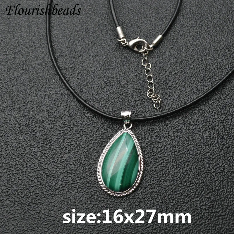 Natural Malachite Stone Free From Impurities Gemstone Water Drop Annual Circle Pendant Leather Chain Necklace Vintage Jewlery