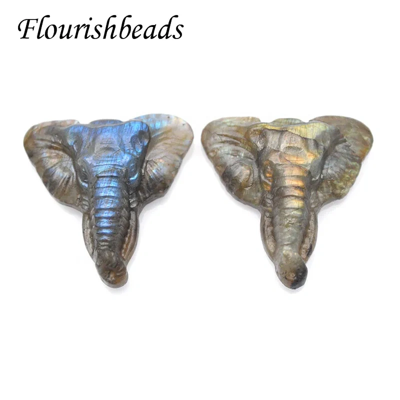 Natural Labradorite Stone Carved Elephant Shape Buddhism  Amulet Lucky Pendant for DIY Necklace Making Supplies