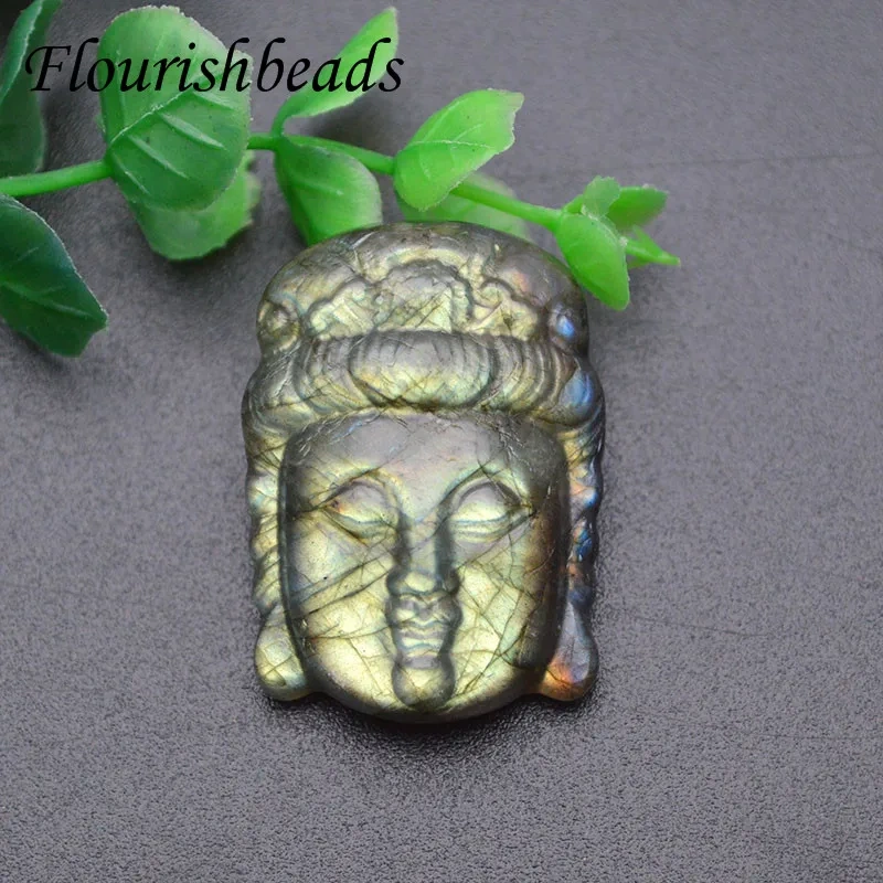 NaturalLabradorite Carved Buddha Head Stone Pendant Necklace Fit Man Woman Jewelry