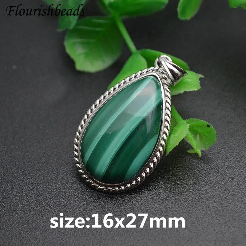 Natural Malachite Stone Free From Impurities Gemstone Water Drop Annual Circle Pendant Leather Chain Necklace Vintage Jewlery