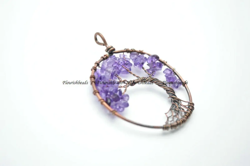 High quality Natural amethyst Stone Chips antique copper color wire wrapped Life Tree Metal Pendant