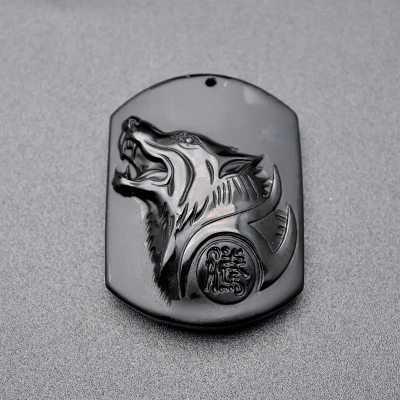 1pc Natural Black Obsidian Stone Rectangle Shape Carved Wolf Head Stone Wild Style Pendants Fit Necklace Makings