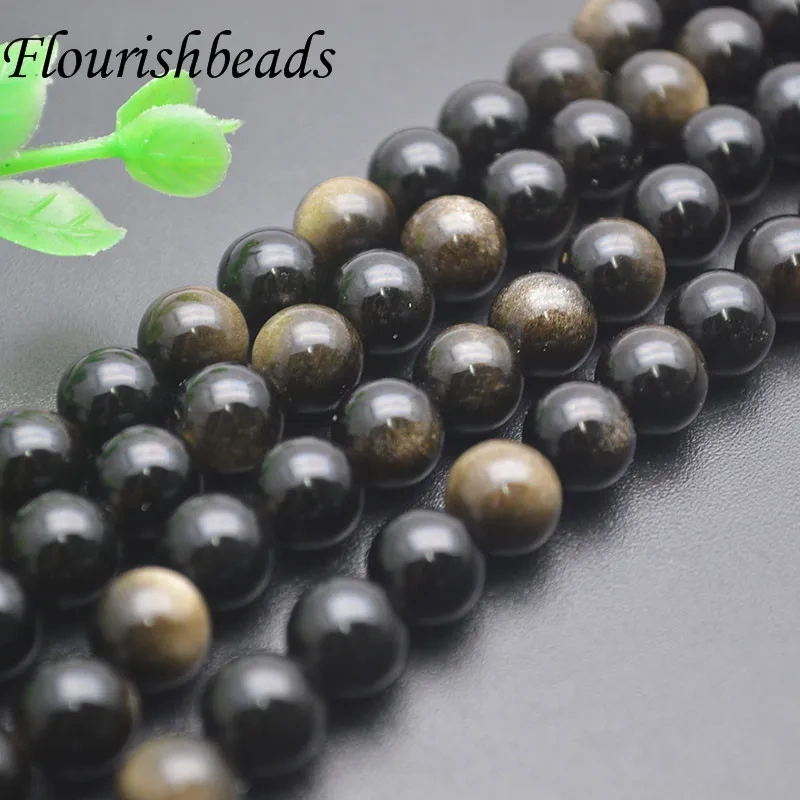 8/10/12mm Natural Stone Gold Black Obsidian  Round Loose Beads Gemstone Beads for DIY Jewelry Making Necklace