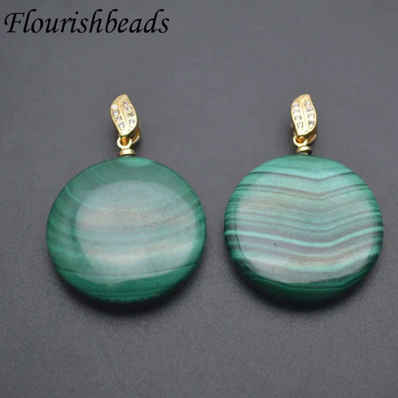 Natural Malachite Round Flat Pendant with Paved CZ Clip Clasp for Women DIY Necklace Jewelry Making