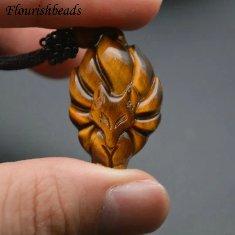 Popular Natural Tiger Eye Gemstone Nine-tailed Fox Shape Animal Pendants Necklace Unique Adjustable Cord Jewelry Party Gift