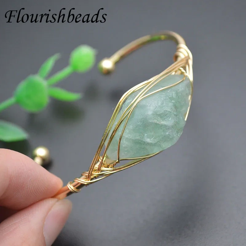 Natural Stone Green Flourite Cuff Bracelets Gold Color Wore Wrap Raw Crystal Quartz Bangle Women Fashion Jewelry Gift