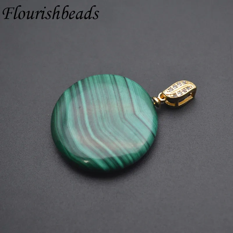 Natural Malachite Round Flat Pendant with Paved CZ Clip Clasp for Women DIY Necklace Jewelry Making