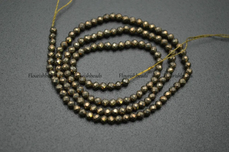 3mm Diamond Cutting Faceted Natural Pyrite Small Size Stone Round Loose Beads