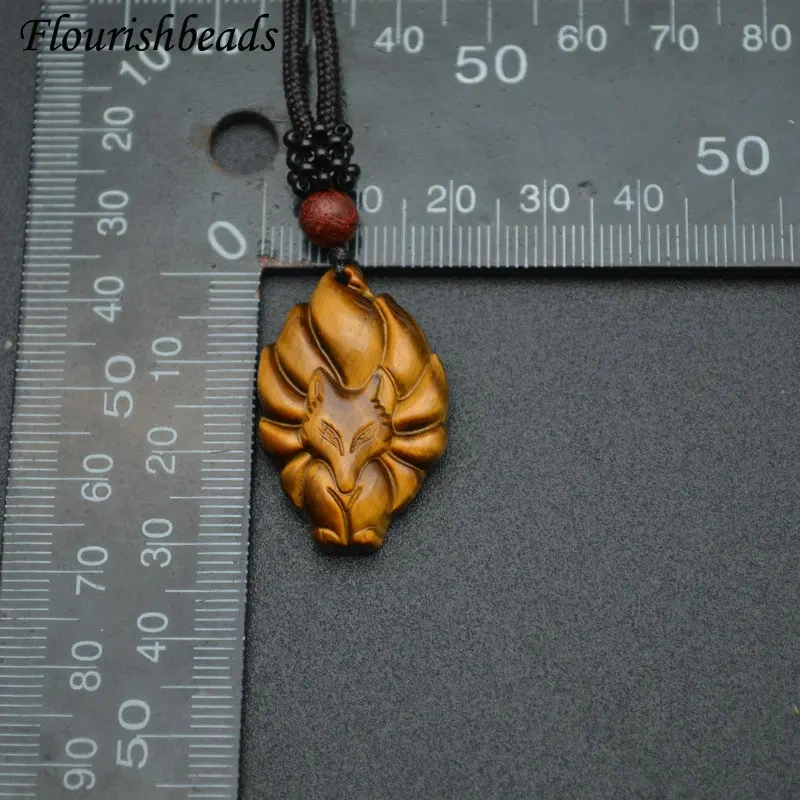 Popular Natural Tiger Eye Gemstone Nine-tailed Fox Shape Animal Pendants Necklace Unique Adjustable Cord Jewelry Party Gift