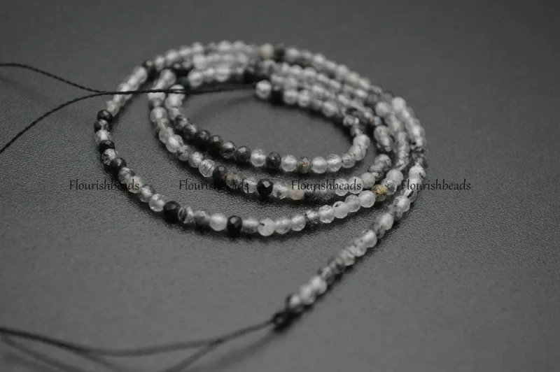 3mm Diamond Cutting Natural Black Black Rutilated Quartz Faceted Stone Round Loose Beads