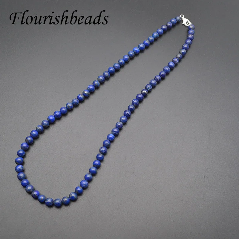 High Quality 6mm Round Beads Natural Lapis Necklace Chain with 925 Silver Clasp for Women Men Wholesale Jewelry Gift