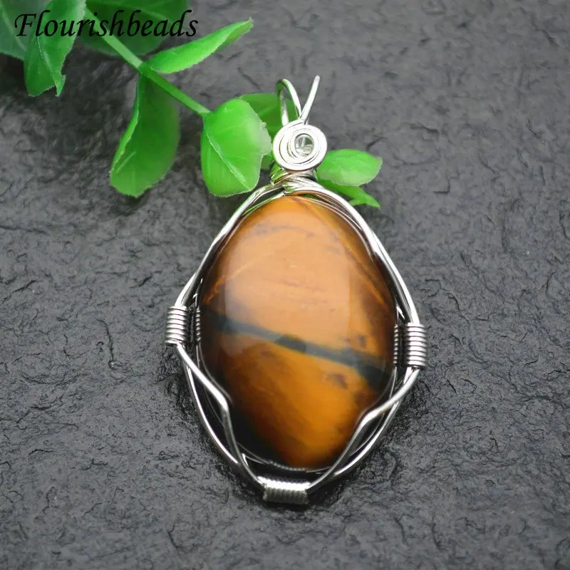 Handmade Winding Wire Natural Gemstone Oval Egg Shape Pendant Fit Necklace Jewelry DIY Stuff Tiger Eye / Pink Quartz / Agate