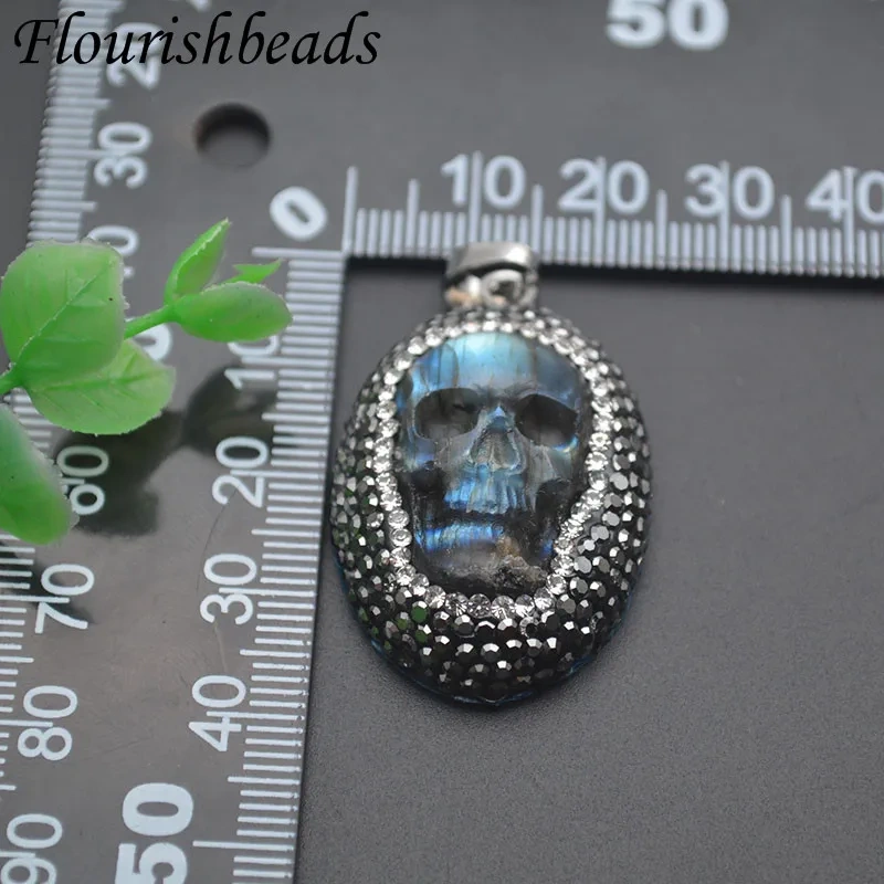 Natural Fluorite Carved Skull Head Paved Crystal Pendant Personalized Creative Jewelry Gift