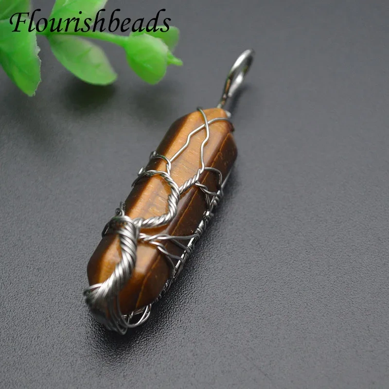 Fashion Trendy Natural Gemstome Tiger Eye Opal Rose Quartz Cylindrical Crystal Pendant Women's Jewelry Gift New