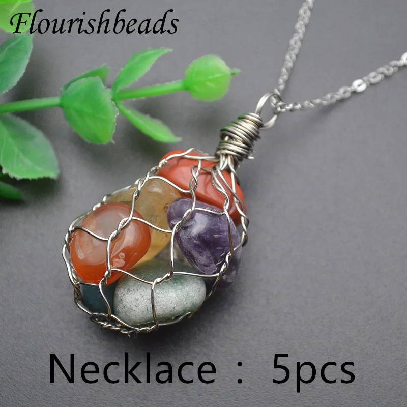5pcs/lot  Natural Stone Crystal Amethyst Fluorite Polished Stone Nugget Rose Gold Wire Chakra Necklace Jewelry Choker Gifts