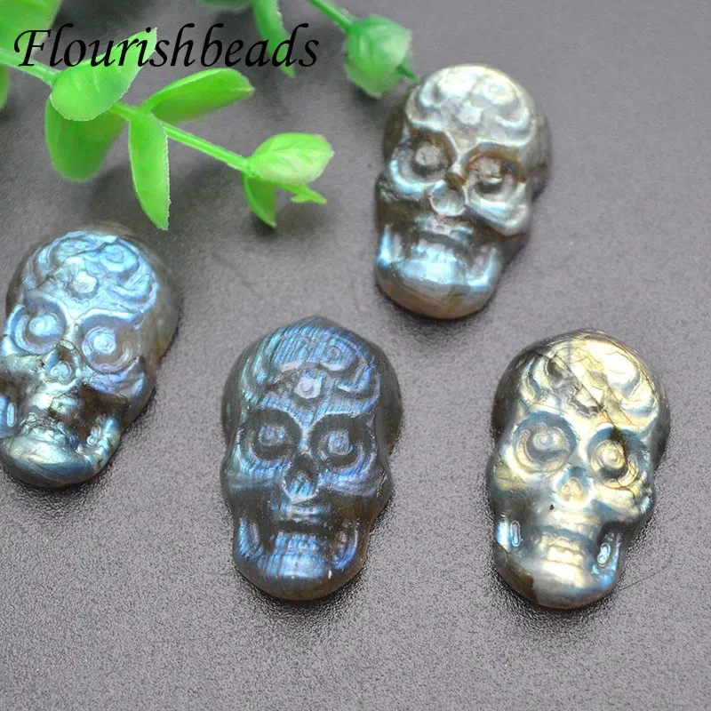 Natural Labradorite Stone Carved Skull Nonporous Pendant Cabochon Charms for Jewelry Necklaces Women Men Gift