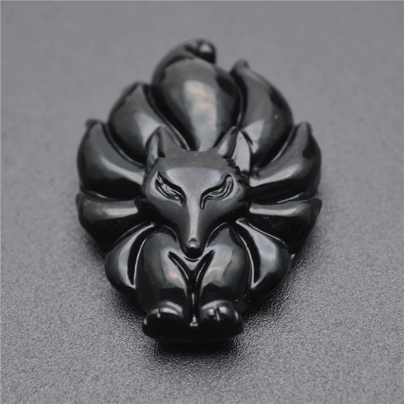 Natural Gemstone Carved Nine-tailed Fox Stone Animal Pendant Fit Necklace ( Gold / Black / Colorful Obsidian)