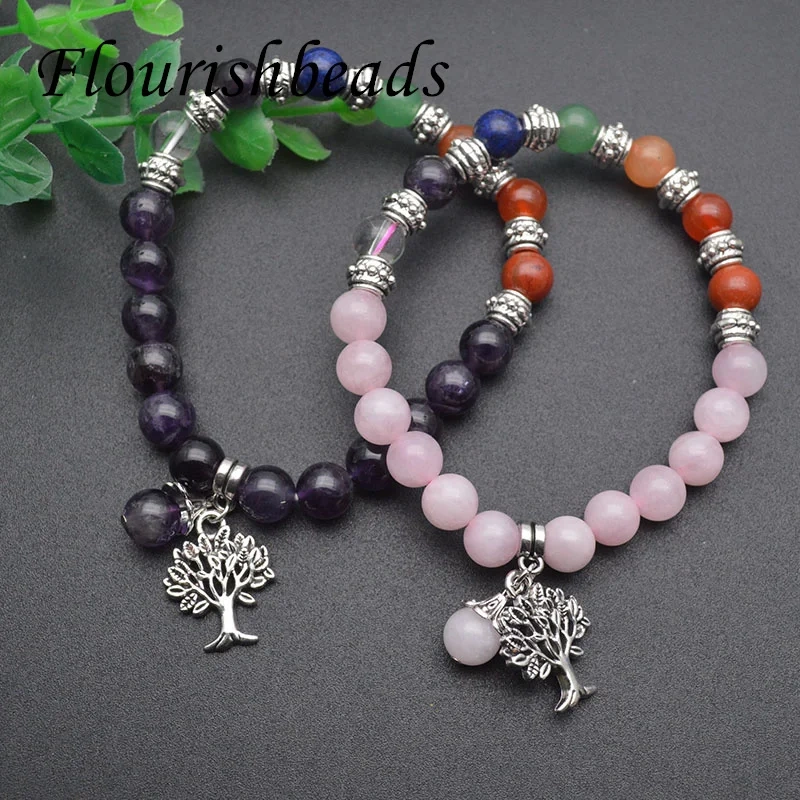 100% Natural Stone Amethyst Rose Quartz Handmade Life Tree Chain Bracelet  for Women Men Jewelry Gifts 5pcs/lot