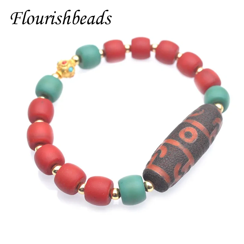 Wholesale 2pcs/lot Vintage Style Tibetan Dzi Bead Energy Healing Bracelet Metal Gold Liuli Beads Bracelet