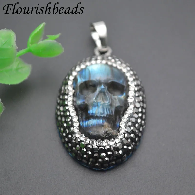 Natural Fluorite Carved Skull Head Paved Crystal Pendant Personalized Creative Jewelry Gift