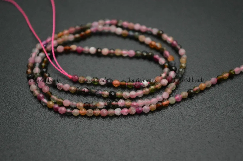 Wholesale 2mm Natural Multi color Tourmaline Faceted Diamond Cutting Stone Round Loose Beads