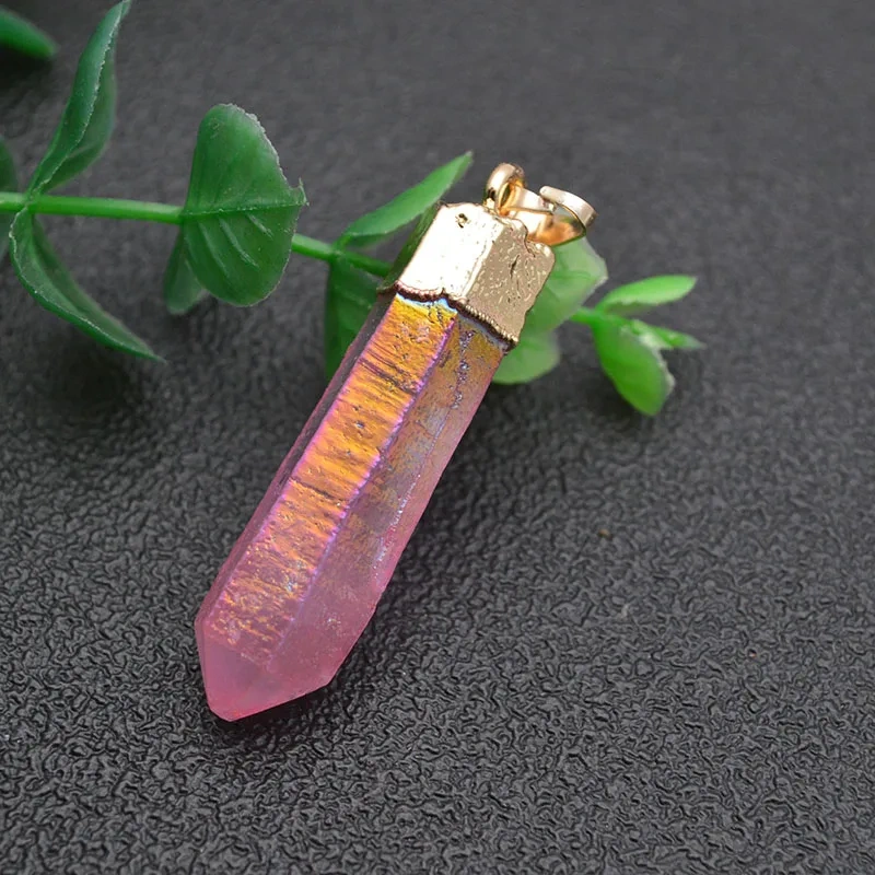 5pc  Fine Jewelry Electroplated Natural Crystal Pillar Pendants Long Stick Shape Fit Necklace Pendant Making Supplies