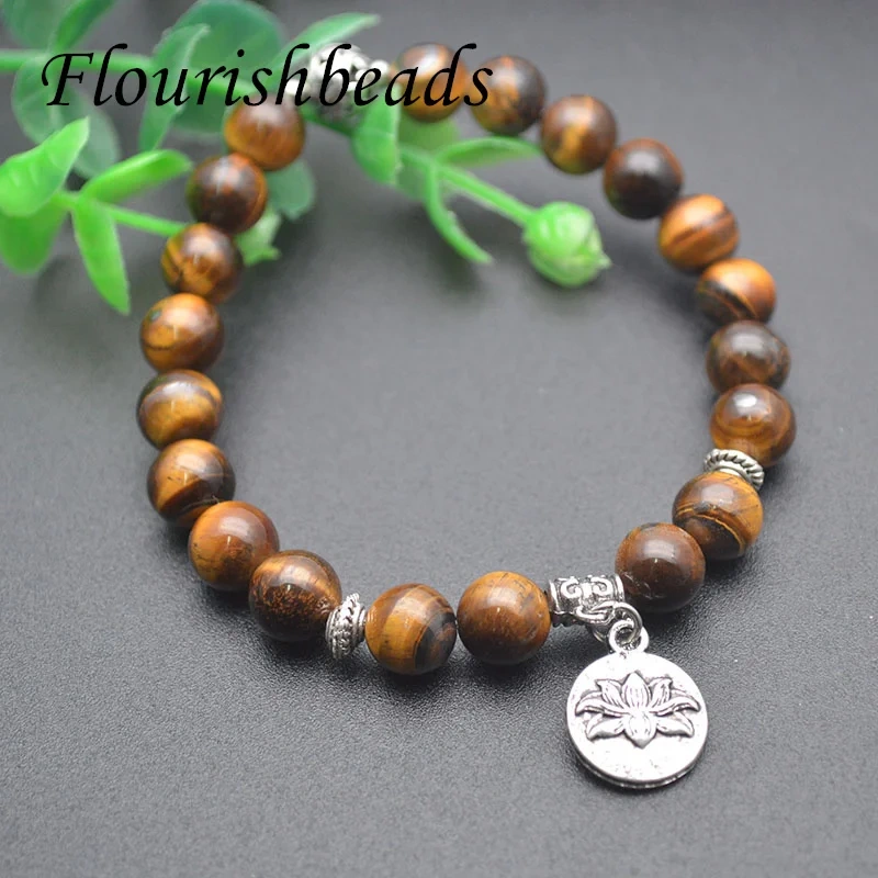 Handmade Natural Tiger Eyed Stone Bracelet Lotus Ohm Buddha Tag  Charm Bracelet for Wome Charm Women Men Jewelry Gifts
